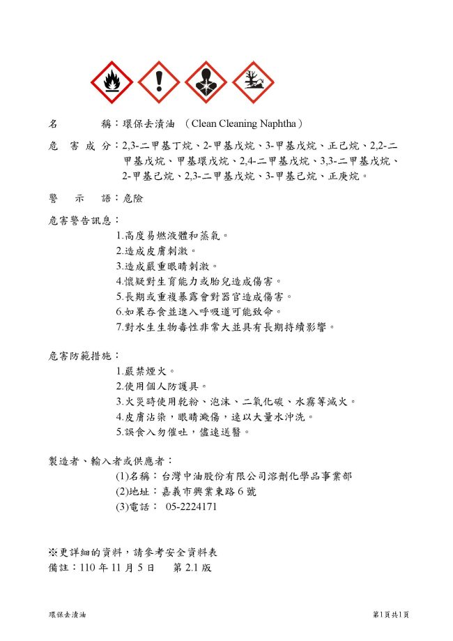 環保去漬油標示(GHS)